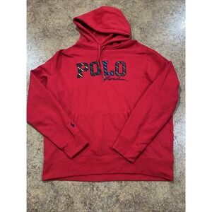 Polo Ralph Lauren Embroidered Hoodie Men Size XL Red Fleece Stripe Spellout Logo
